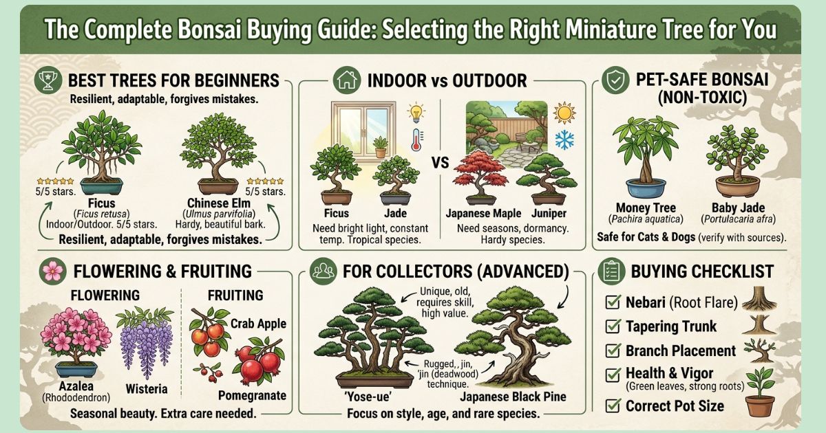 The Complete Bonsai Buying Guide: Best Trees for Beginners, Indoor, Outdoor, Flowering, Fruiting, Pet-Safe, and Collectors